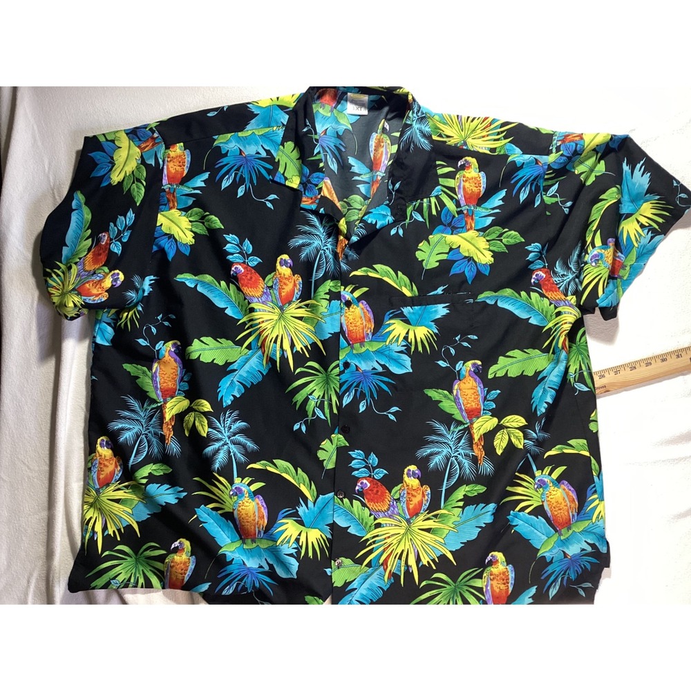 Rima Beachworld Parrot Tropical Hawaiian Shirt Mens 3XL Black Terivoile Aloha